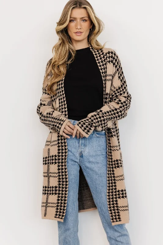 Arvo Houndstooth Long Cardigan | Taupe + Black