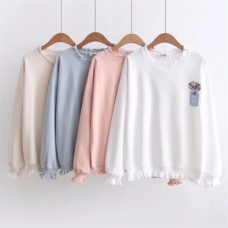 Women's Kawaii Floral Embroidered Pure Color Loose Sweaters 