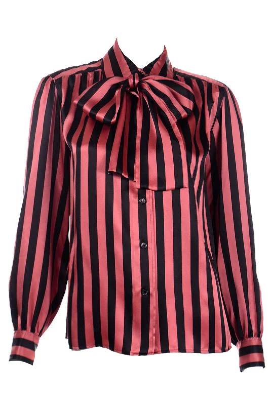 1980's Yves Saint Laurent Orange & Black Striped Silk Bow Blouse